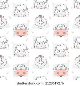 Seamless pattern with the image of animals in a children's style. Postcard doodle vector element. Textile background. Factory design.