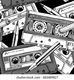 Seamless pattern with image of a Audio Cassette and a pencil. Vector illustration.