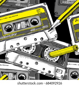 Seamless Pattern With Image Of A Audio Cassette And A Yellow Pencil. Vector Illustration.