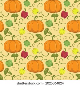 Seamless pattern, image of the autumn harvest, pumpkins, peppers, vegetables. Nature background vector