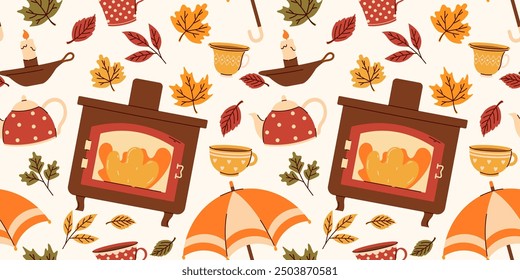 Seamless pattern with the image of autumn leaves, candles, stove, umbrella, cup, teapot. Flat vector illustration.