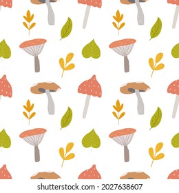 Seamless pattern with the image of autumn mushrooms, leaves. Vector graphics on a white baclground. For the design of wallpaper, textile, wrapping paper, botanical illustrations, postcards.