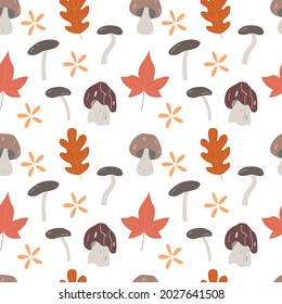 Seamless pattern with the image of autumn mushrooms, leaves. Vector graphics on a white baclground. For the design of wallpaper, textile, wrapping paper, botanical illustrations, postcards.