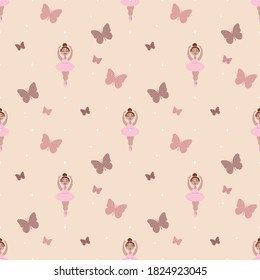 seamless pattern with the image of a ballerina girl in a pink tutu on a beige background with stars and butterflies