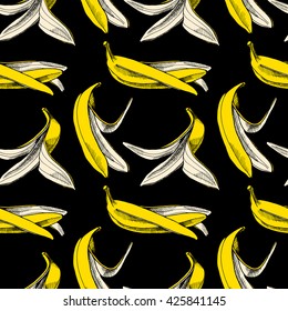 Seamless pattern with image of a Banana Skin on black background. Vector illustration.