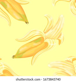 Seamless pattern with the image of bananas. Fruits in a watercolor style. Vector illustration isolated on a yellow background.