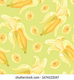 Seamless pattern with the image of bananas. Fruits in a watercolor style. Vector illustration isolated on a colored background.