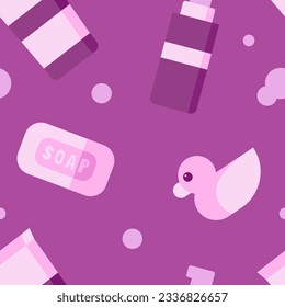 Seamless pattern with the image of bath cosmetics. Vector illustration in pink tones. Poster for the sale of cosmetic products.