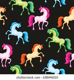 Seamless pattern with the image of a beautiful fantastic unicorn. Colorful vector background.