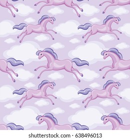 Seamless pattern with the image of a beautiful fantastic unicorn. Colorful vector background.