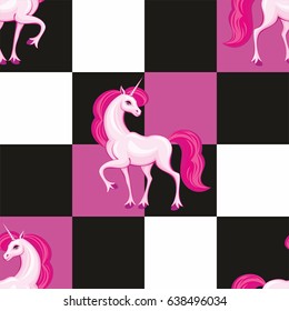 Seamless pattern with the image of a beautiful fantastic unicorn. Colorful vector background.