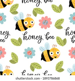 Seamless pattern with the image of bee, leaves, flowers and lettering on a white background, in vector graphics. For the design of wallpaper, prints for textiles, clothing, packaging, bags.