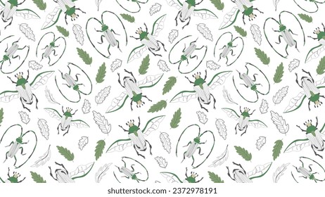 Seamless pattern with the image of beetles and leaves. Vector illustration svg