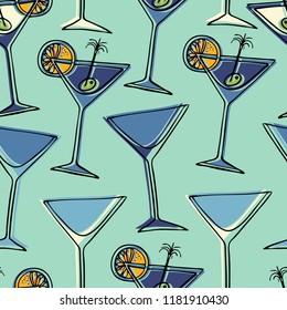 Seamless pattern with the image of Beverages. Vector illustration. Design can be used for, wallpaper, clothing, wrapping paper.