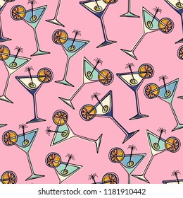 Seamless pattern with the image of Beverages. Vector illustration. Design can be used for, wallpaper, clothing, wrapping paper.