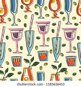 Seamless pattern with the image of Beverages. Vector illustration. Design can be used for, wallpaper, clothing, wrapping paper.