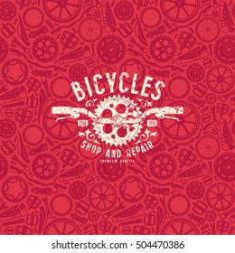 Seamless pattern with image of bicycle details. Bike shop label with shabby texture