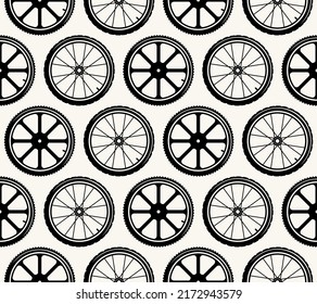Nahtloses Muster mit Bild von Fahrradrädern. Schwarzer Druck auf weißem Hintergrund. Vektorgrafik