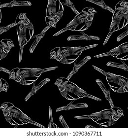 Seamless pattern with the image of birds sitting on a branch, on a black background. 