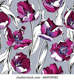Seamless pattern with image of a Black Tulip floral. Vector illustration.