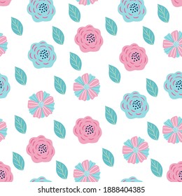 Seamless pattern with the image of blue, pink, green flowers and leaves on a white background, in vector graphics. For the design of wallpaper, prints for textiles, clothing, packaging, bags.