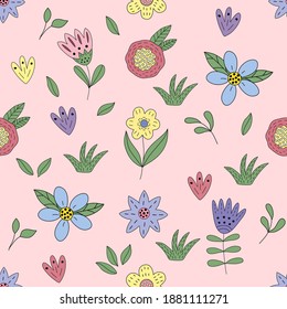 Seamless pattern with the image of blue, red, yellow, lilac flowers and leaves on a pink background, in vector graphics. For the design of wallpaper, prints for textiles, clothing, packaging, bags.