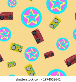 seamless pattern with the image of boomboxes and stars in variegated colors for the design of discos, studios and interiors of rooms, as well as for prints on fabrics, packaging, holiday cards 