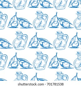 Seamless pattern with the image of a bottle with oil and a branch.