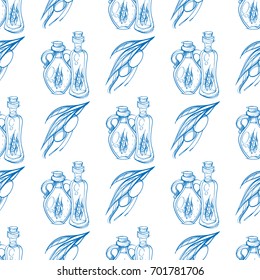 Seamless pattern with the image of a bottle with oil and a branch.