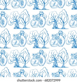 Seamless pattern with the image of a bottle with olive oil and a branch.