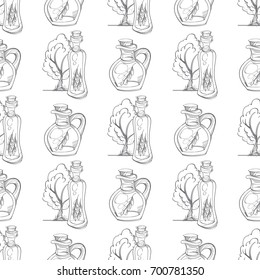 Seamless pattern with the image of a bottle with olive oil and a branch.