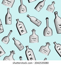 patrón sin fisuras con la imagen de botellas con alcohol en color blanco y negro sobre un fondo azul claro para impresiones sobre tejidos, embalajes y para el diseño interior y vitrinas de tiendas y bares