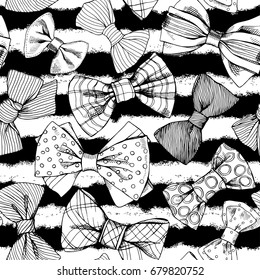 Seamless pattern with image of a Bow tie on a striped background. Vector black and white illustration.