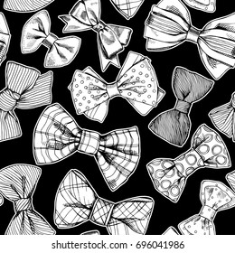 Seamless pattern with image of a Bow ties. Vector black and white illustration.