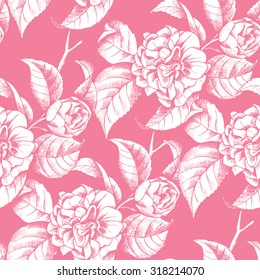 Seamless pattern with image of branch camellia flower on pink background. Vector illustration.