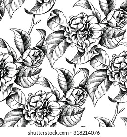 Seamless pattern with image of branch camellia flower. Vector black and white illustration.