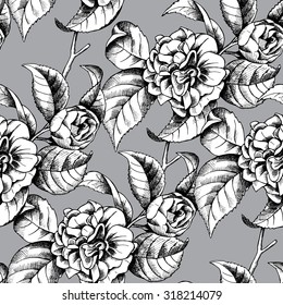 Seamless pattern with image of branch camellia flower. Vector black and white illustration.