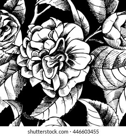 Seamless pattern with image of branch camellia flower. Vector black and white illustration.