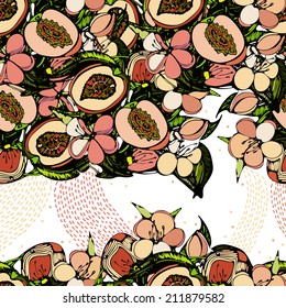 Seamless pattern with an image of branches, flowers and fruits of peach on a white background. Floral background, spring theme.  
