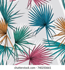 Seamless pattern with image of a bright color Fan palm leaves on a light gray background. Vector illustration.