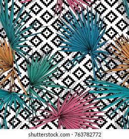 Seamless pattern with image of a bright Fan palm leaves on a geometric background. Vector illustration.