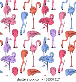 Seamless pattern with image of a bright Flamingo. Vector illustration.