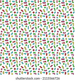 Seamless pattern with the image of bright geometric shapes of different shapes with a black outline