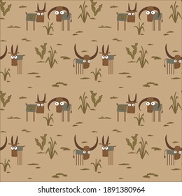 Seamless pattern with the image of bulls and goats with the addition of vegetation, in a warm color