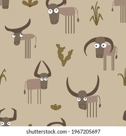 Seamless Pattern With The Image Of Bulls And Vegetation, In A Warm Color Scheme.