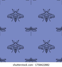Patrón sin foco con la imagen de mariposas, libélulas, insectos. Patrón en un fondo lila. Patrón entomológico sin fisuras. Diseño gráfico para papel, impresión textil, relleno de página.