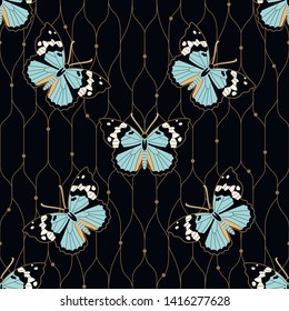 
Seamless pattern with the image of butterflies on a wicker background in art deco style for surface design