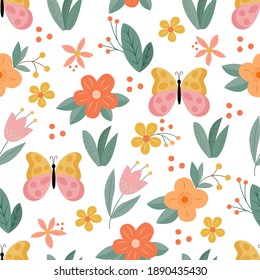 Patrón sin foco con la imagen de mariposa, flores amarillas, rosadas y hojas sobre un fondo blanco, en gráficos vectoriales. Para el diseño de papel pintado, impresiones para textiles, ropa, embalaje, bolsas.