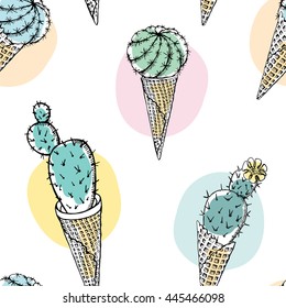 Seamless pattern with image of a Cacti in a waffle ice cream. Romantic dessert. Vector illustration.