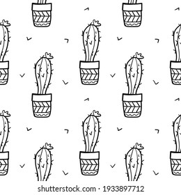 Seamless pattern with the image of a cactus with a flower in a pot and thorns. Black and white funny sketch style print. Design for paper, textile and decor.